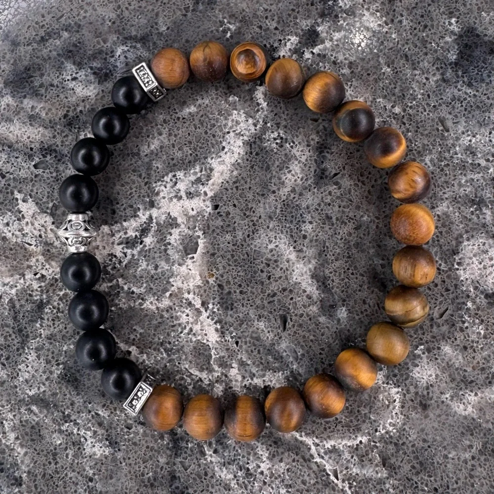 HAND CRAFTED Matte Onyx & Tiger Eye Beaded Stretch Bracelet 6.0” Circumference
